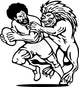 橄榄球运动员带着狮子的球攻击跑来跑去跑步猫科艺术品男性男人动物插图黑与白玩家图片