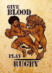 橄榄球运动员带着狮子的球攻击跑来跑去男性玩家动物插图跑步男人猫科木纹艺术品图片