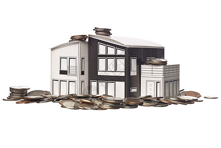 在美国硬币上站立的房屋模型支付概念房地产货币账单开发保险贷款红色结构图片