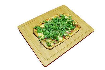 3CHE披萨 配有蛋白和青豆孤立午餐食物小吃木头脆皮配料美食木板面团平底锅背景图片