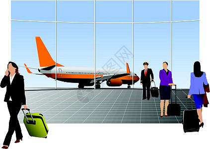 机场现场 设计师矢量插图飞行飞行员女士飞机场大厅乘客交通飞机旅行商业图片