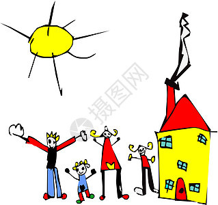 儿童对家庭 太阳和房子的绘画图片