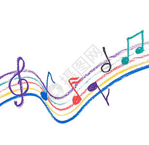 白色上的色彩多彩的音乐符号漩涡唱歌黄色蜡笔创造力艺术蓝色岩石铅笔曲线图片