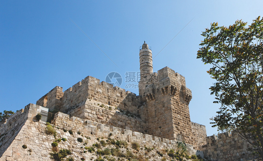耶路撒冷古古代城堡和大卫塔蓝色遗产历史堡垒文化考古学石头考古游客纪念碑图片