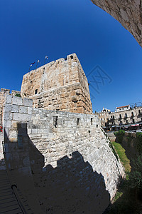 耶路撒冷旧城古老城堡的鱼眼观历史风化石头鱼眼都市城堡遗产考古学建筑学纪念碑图片