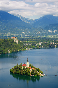 斯洛文尼亚的Lake Bled风光假期旅游村庄文化城堡树木色彩旅行山脉图片
