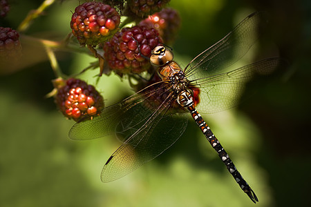 飞龙的迁徙小贩 在勃朗莓上蜻蜓翅膀捕食者绿色季节性季节野生动物猎人混音宏观图片