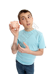 10岁小男孩在装钱箱背景图片