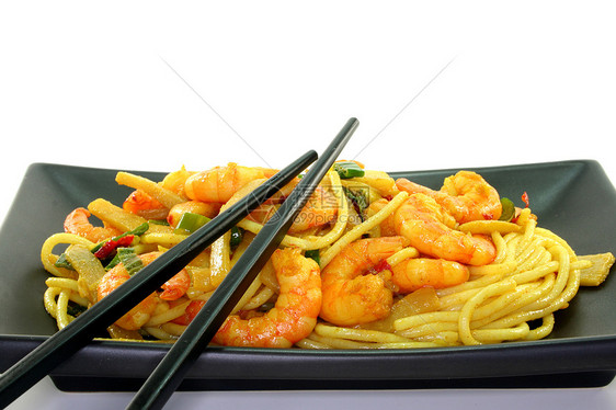 面食加虾类亚洲美食炒菜香菜大葱绿色食物筷子面条炒锅法庭图片