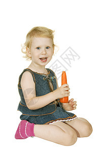 带胡萝卜的小女孩裙子婴儿金发磁带快乐女孩们白色孩子女性图片