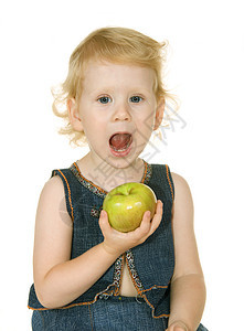 带苹果的小女孩婴儿裙子快乐金发白色磁带女性孩子女孩们图片