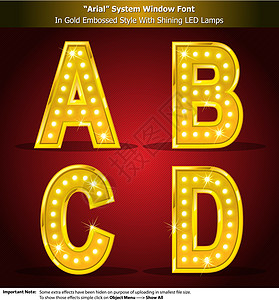 带灯光的金色风格中的Arial Font金子俱乐部扑克夜店字母聚光灯游戏字体星星燃烧图片