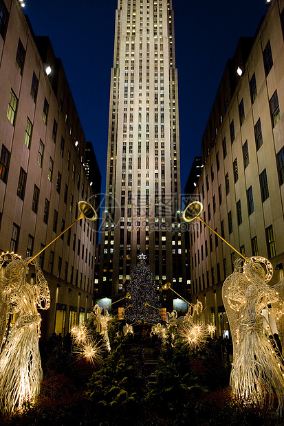 美国纽约州纽约市 圣诞节洛克菲勒中心建筑位置旅行外观城市建筑物市政摩天大楼照明世界图片