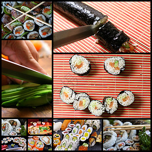 sush 寿司拼贴黑色橙子大豆筷子食物美食盘子晚餐饮食鱼片图片