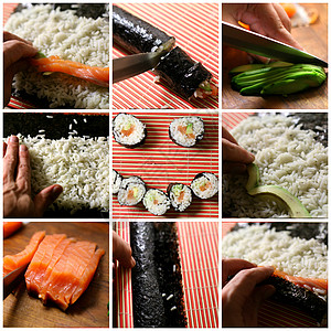 sush 寿司拼贴橙子食物粉色鱼片盘子大豆黑色饮食美食晚餐图片