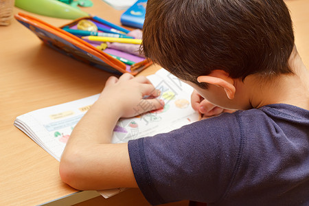 男孩用彩色铅笔 绘画水果做家庭作业思维桌子白色学校青少年教育学生字典水平房间图片