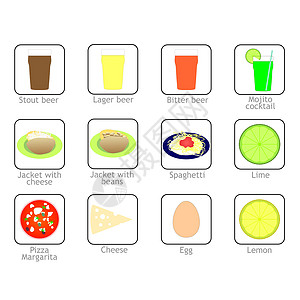 食品和饮料图标土豆啤酒玻璃面条夹克柠檬水果薄荷插图豆子图片