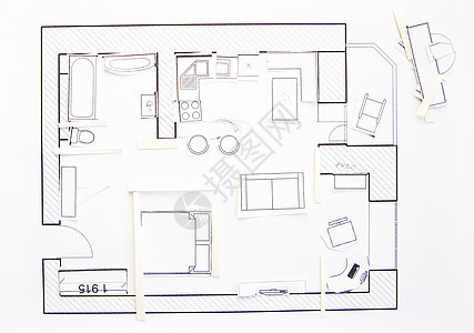 内部设计公寓  最高视图 纸张模型建设者绘画草图建筑师房子工作承包商地面商业工程图片