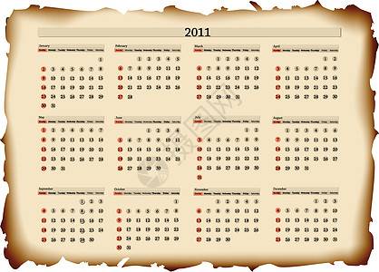 2011年水平横向日历模板床单乡村数字莎草老化插图边缘历史性日程羊皮纸图片