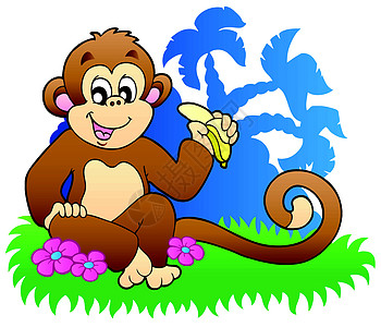 猴子在棕榈附近吃香蕉图片