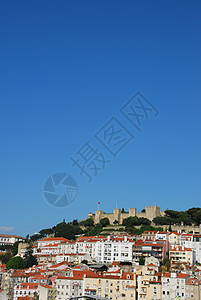 里斯本市风景与圣豪尔赫城堡住宅场景窗户历史旅行蓝色历史性城堡建筑学纪念碑图片