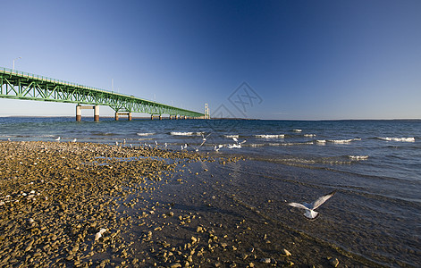 密歇根州Mackinaw市大桥汽车波浪天空城市电缆海峡蓝色交通半岛卡车图片