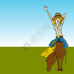 女孩骑马骑马马背夹子小马金发女性艺术棕色骑术牛仔插图图片