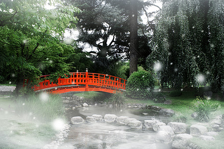 在日本花园的红桥生态红色文化下雪绿色石头庭园天堂图片