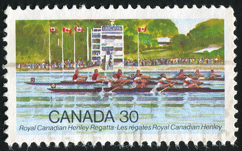 萝卜皮标记 M赛艇人员明信片历史性邮票全体男人漂浮独木舟团队背景