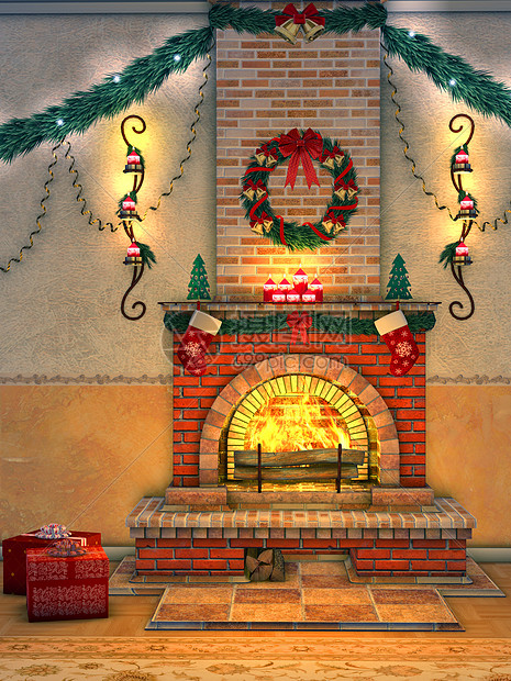 圣诞节过夜地点烛光蜡烛礼物花环火焰花圈时候木头壁炉装饰图片