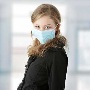 一个戴面罩的模型 防止黄油流感感染预防疾病女性保健危险蓝色安全工作室感染面具图片
