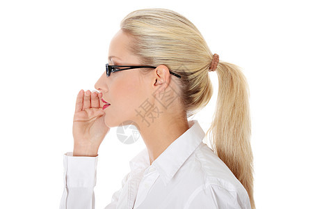 青年女商务人士说八卦情感秘密学生喜悦手势女孩衬衫女士商业眼镜图片