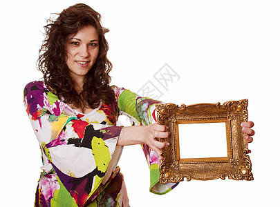 持有图片图框的妇女长发框架女孩们女士推介会美丽青少年木头摄影艺术图片