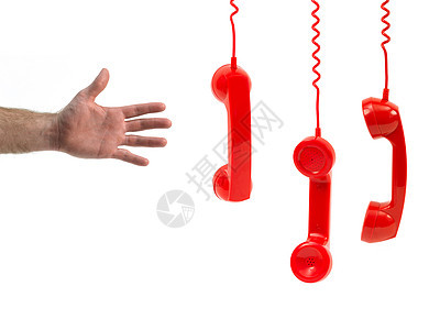 红色电话手听器技术塑料情况帮助听筒男性棕榈旋转白色数字背景图片