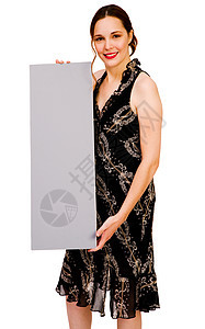 微笑的女士显示牌状广告乐趣灰色裙子白色姿势衣服推介会幸福标语图片