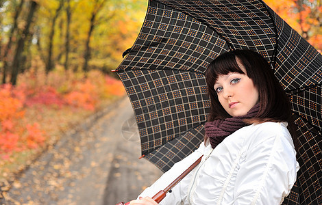 那个穿着雨伞的秋天木头的女孩围巾小路安全女性车道死亡女孩们大街女士森林图片