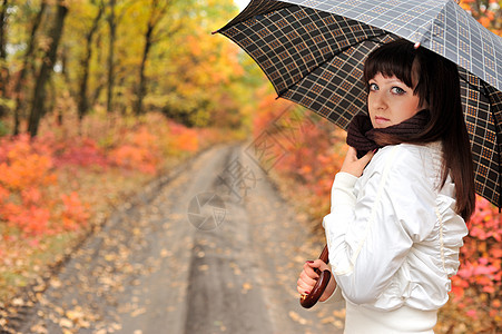 那个穿着雨伞的秋天木头的女孩森林女士安全场景围巾车道小路女性叶子死亡图片