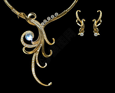 金项链和耳环 与发光的效果周年钻石珠子辉煌魅力吊坠金子蓝宝石珍珠财富图片