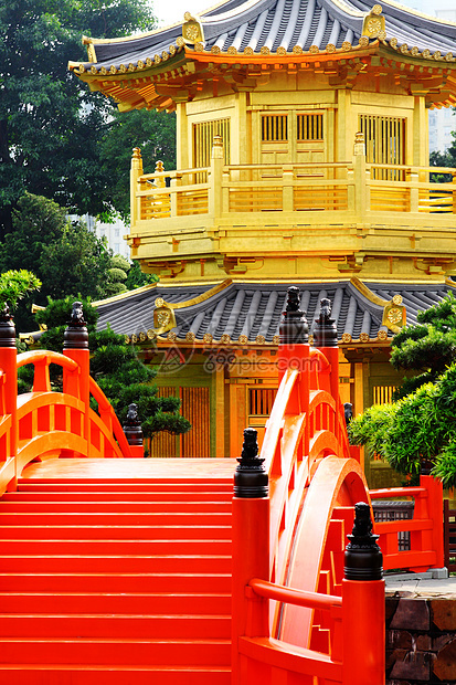 奇林努纳里和中国花园的东方金子馆风景建筑松树寺庙尼姑庵佛教徒宗教金子宝塔公园图片