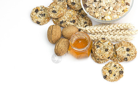谷物饼干 面包饼 蜂蜜和坚果诱惑饲料小吃食物食品静物小麦燕麦玉米营养图片