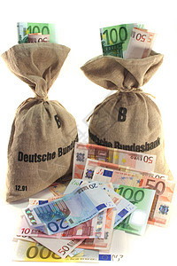 带欧元的货币袋金融货币流通解雇通货膨胀钱袋资金联盟融资黄麻袋背景图片
