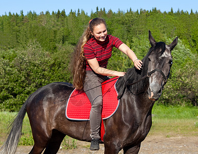 一个女孩 带着她的头发 梳发的马训练步态鞭子黑发森林动物青少年鬃毛板栗场景图片
