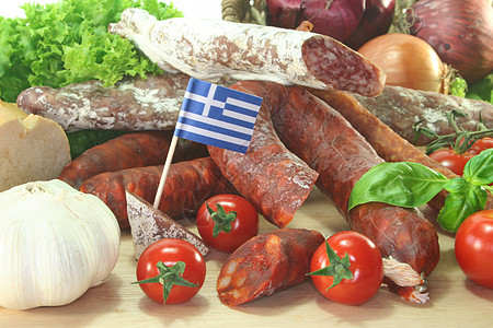 希腊沙拉米市场香肠小吃洋葱熏香高清图片