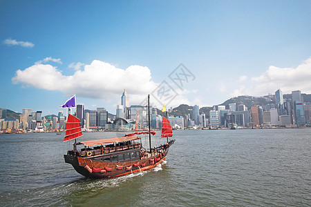 与游客在香港维多利亚港搭乘的垃圾船建筑领土巡航邮轮运输渡船血管酒店旅行摩天大楼图片