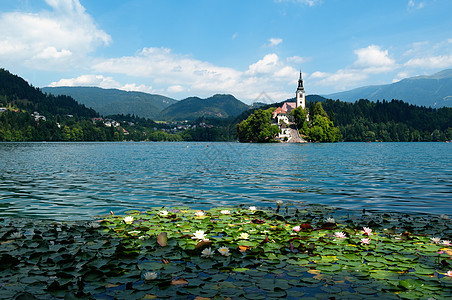 斯洛文尼亚的Lake Bled旅行田园风光目的地森林地方树木山脉文化色彩图片