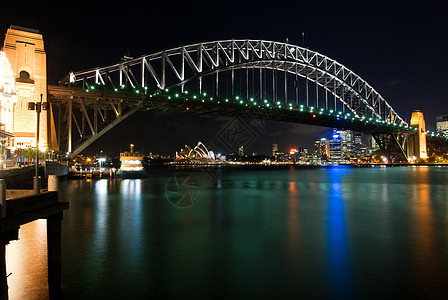 悉尼城市悉尼港桥夜间闪光辉光港口景观地标火花日落城市旅行反射背景
