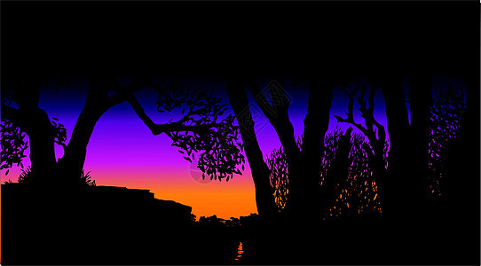 日落时树木现实紫色天空李子丛林背景图片