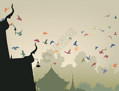 庙鸽设计建筑物插图寺庙元素野生动物日出天际飞行宗教图片