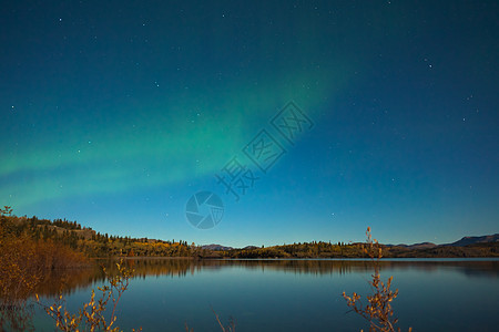 在平静的湖边 北极光和落色星星极光磁层镜子磁场反射月光地区场地白马图片