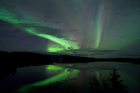 湖边黑暗路面的星光和北极光磁场粒子磁层场地北极星镜子天文学天空反射白马图片